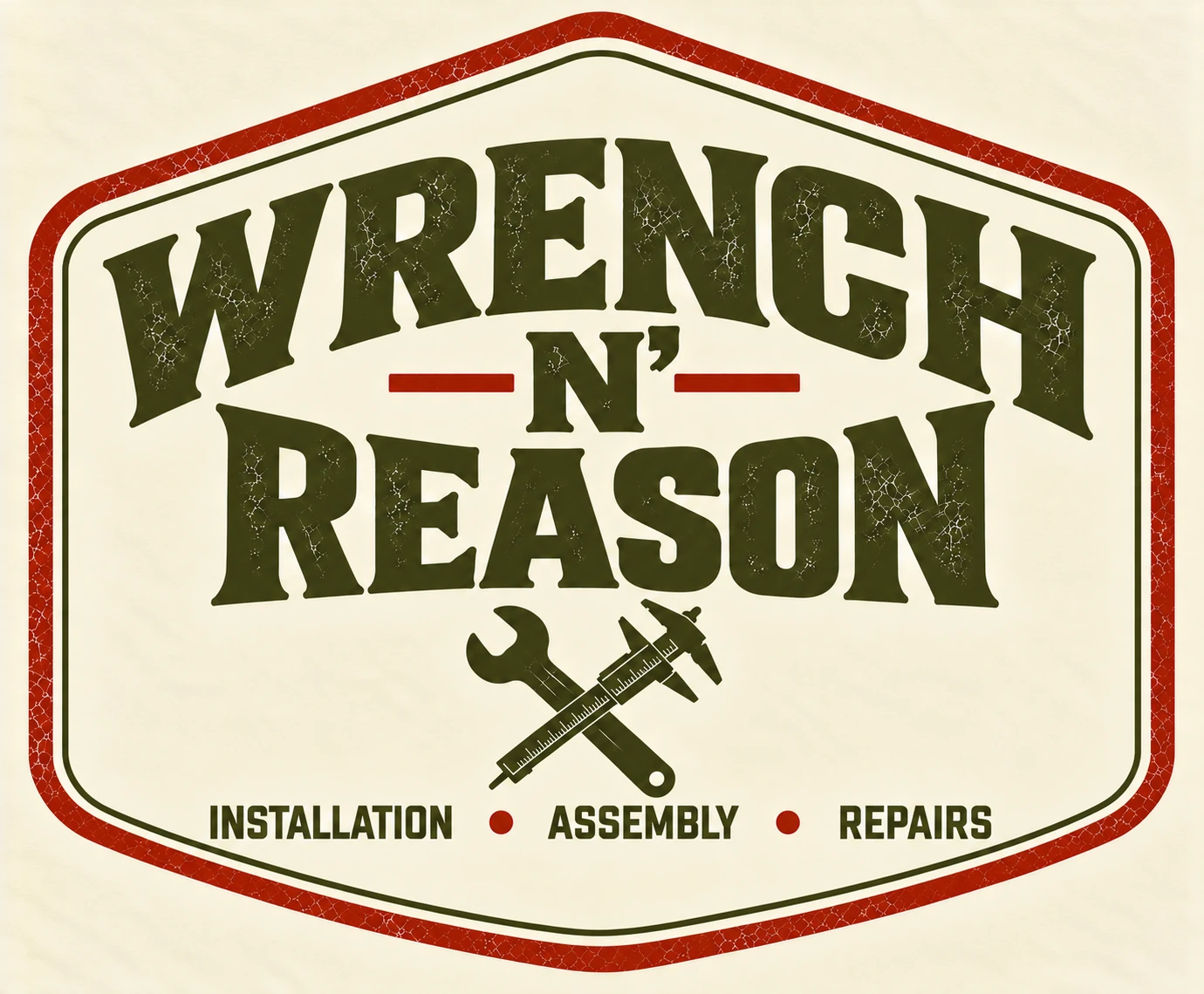 Wrench N’ Reason vintage olive-drab and rust-red badge logo